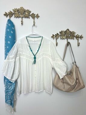 Women's White Boho Lace-Trim Peasant Blouse - White